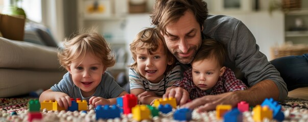 Father and two young children playing with building blocks at home.