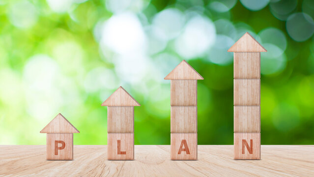 Plan concept, Business and marketing, objective, strategy, Plan and implementation, action plan icon on wooden cube blocks for Strategic, Vision, Planning and Direction.