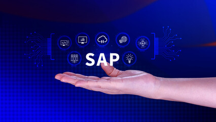SAP system concept, SAP System Application Products, Business process automation and management software concept, management solutions.