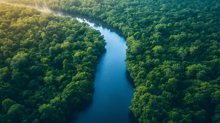 aerial view of winding river flowing through dense lush green tropical forest