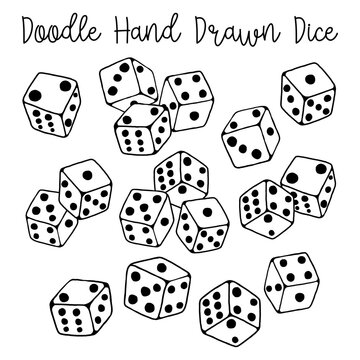 Set of black line doodle Dice on white background. Message 'Doodle Hand Drawn Dice' on Top. Vector illustration.