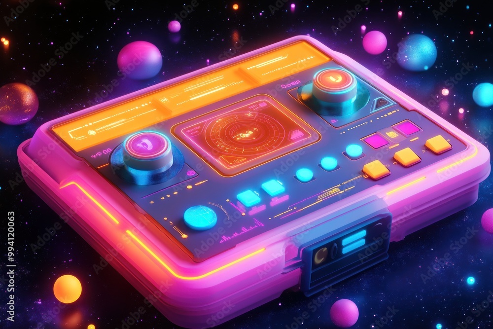 Aufkleber a futuristic control panel with glowing buttons and dials set in a cosmic background.