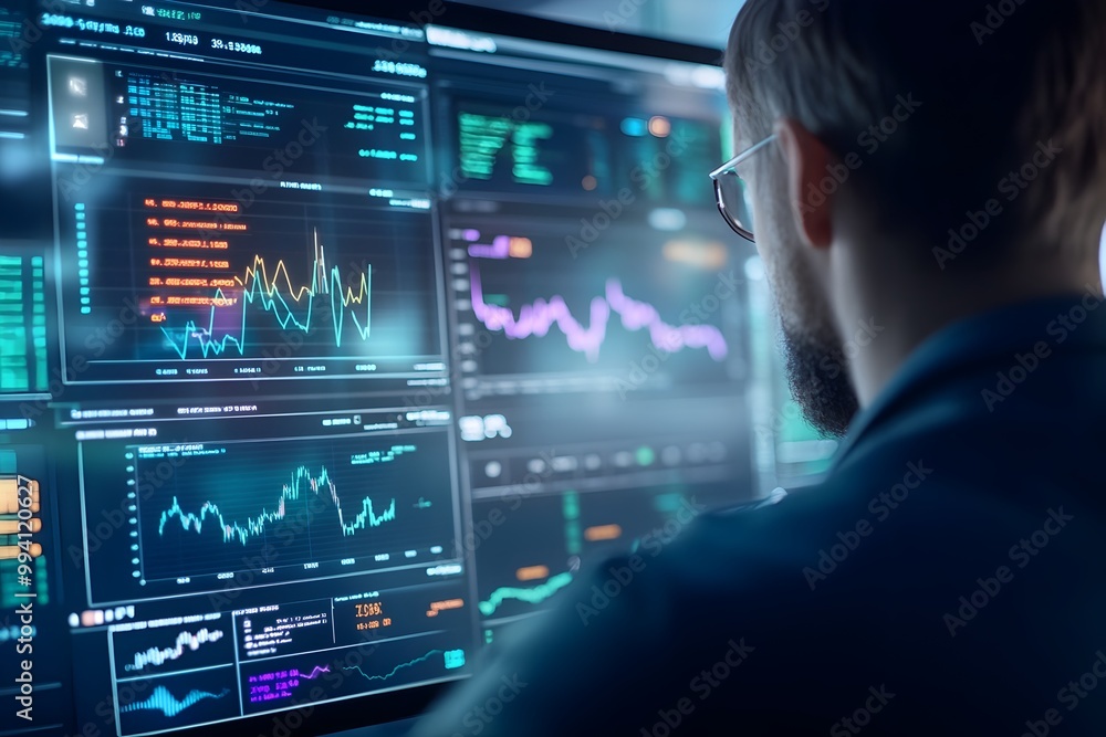 Poster businessman analyzing complex market data on futuristic touchscreen dashboard with vibrant charts an