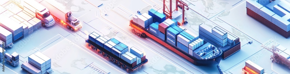 Poster A digital illustration of a shipping yard with containers, trucks, and a cargo ship.