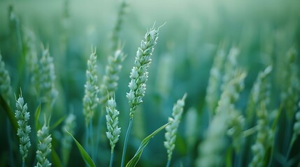 green wheat ears in a field with a soft-focus background.