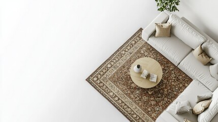 Aerial view of a modern living room layout with a sleek sofa, coffee table, and rug arranged neatly on a bright white background.