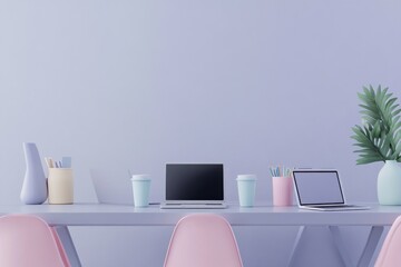 A modern workspace featuring laptops, cups, and plants in a pastel-colored environment.