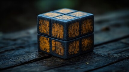 Obraz premium A dark blue cube with gold accents rests on a weathered wooden surface, the textured wood and the intricate details of the cube creating a captivating contrast