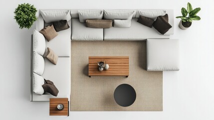 Aerial view of a modern living room layout with a sleek sofa, coffee table, and rug arranged neatly on a bright white background.