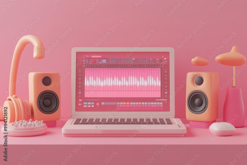 Wall mural A pink-themed music production setup featuring a laptop, speakers, and headphones.