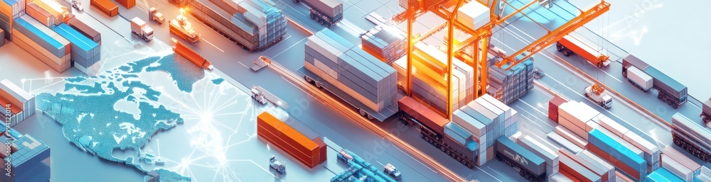 Poster a digital illustration of a shipping port with containers and a global map highlighting logistics.