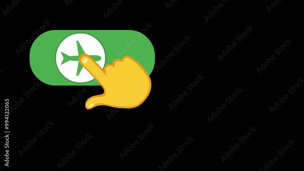 Poster video animation yellow hand sliding touch button airplane mode button digital software, on a transpa
