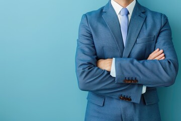 Close-up of a businessman wearing a blue suit and tie, standing with arms crossed in front of a light blue background, symbolizing confidence and professionalism.