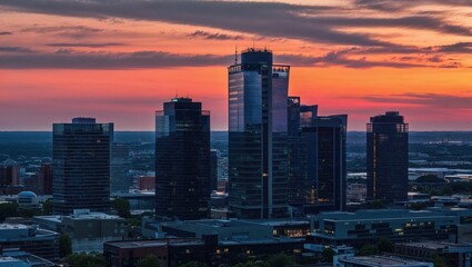 Naklejka premium aerial view of modern buildings at sunset