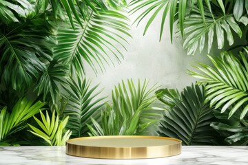 Tropical plant leaves background with golden podium