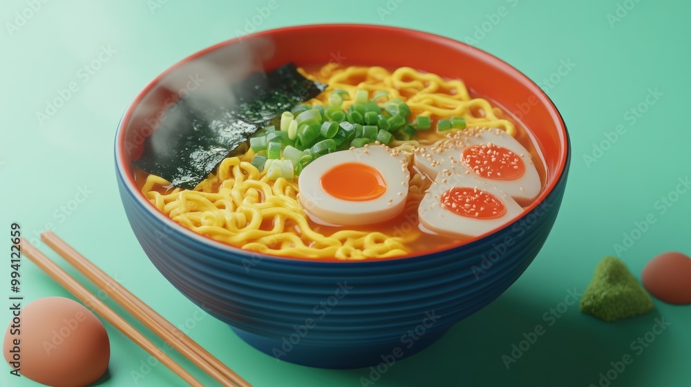 Sticker A vibrant bowl of ramen with noodles, egg, seaweed, and green onions, steaming invitingly.