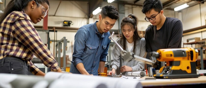 Group of diverse college students participating in a collaborative engineering project with tools and blueprints
