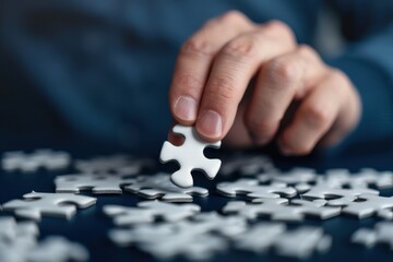 A hand carefully placing a puzzle piece, symbolizing problem-solving, strategy, and the process of completing tasks or projects.