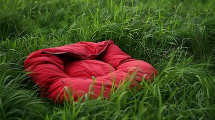 Verdant grass along with a scarlet mattress inside a bag