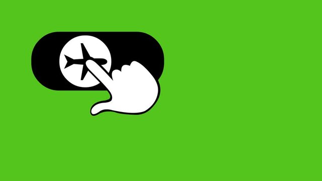 video animation black and white icon hand sliding touch button airplane mode button digital software, on a green chroma key background