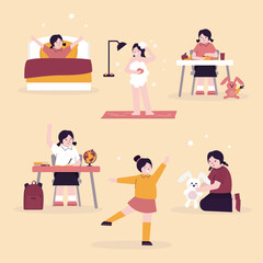Funny girl, happy child daily routine health and hygiene activity set. Everyday kids activities. Little child awakening and doing exercises. Domestic pastime.
