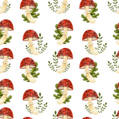 Forest watercolor pattern. Cute pattern with fly agarics. Ideal for greeting card, fall decor, fabric. Hand drawn watercolor images in cartoon style.