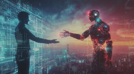 Robot and human reaching out to each other against a backdrop of a vast data network. A futuristic landscape with bright glowing graphs, data streams, and artificial intelligence v