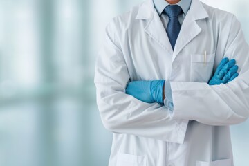 Close-up of a doctor in a white lab coat with arms crossed, wearing blue gloves, symbolizing professionalism, healthcare, and medical expertise.