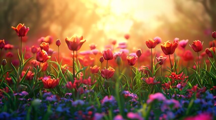 Obraz premium Vibrant enchanting blooms blooming in a beautiful field beneath a brilliant