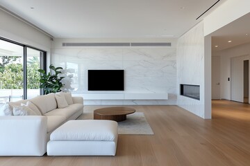 Modern living room interior design featuring a cozy sofa, minimal decor, and large windows for natural light.