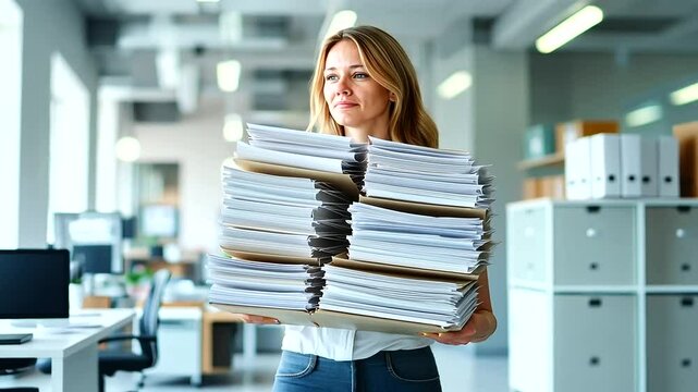 A dedicated office worker struggles to carry a heavy stack of binders filled with paperwork through a modern office