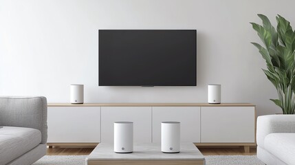 Modern living room with sleek furniture, minimalist design, and smart speakers, creating a cohesive and stylish space.