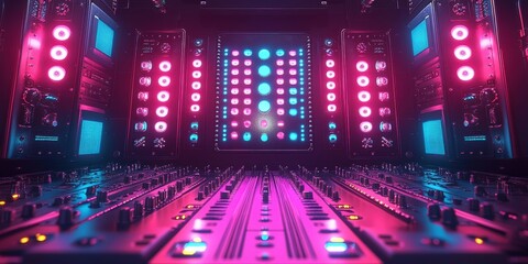 A futuristic control panel bathed in pink and blue neon light, showcasing a complex network of buttons and switches, hinting at a hidden world of technology and possibility