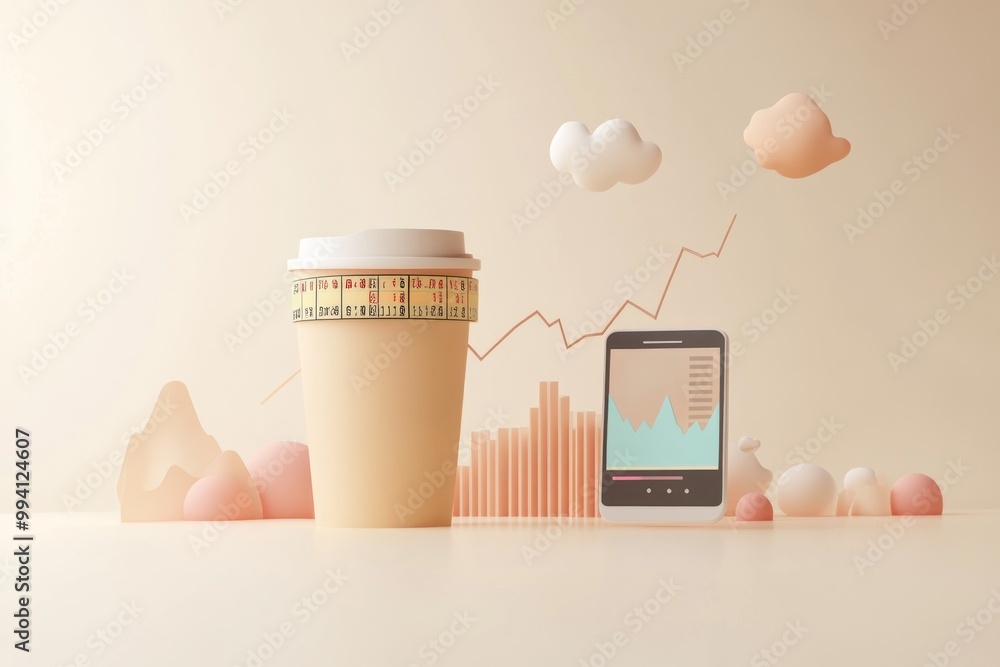 Poster a stylized coffee cup with a smartphone and data visualizations in a minimalist setting.