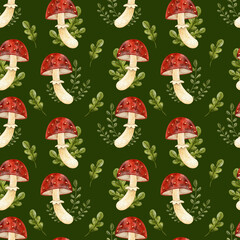 Forest watercolor pattern. Cute pattern with fly agarics. Ideal for greeting card, fall decor, fabric. Hand drawn watercolor images in cartoon style.