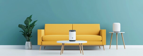 Bright living room featuring a stylish yellow sofa, modern table, and decorative plant against a soothing blue wall.