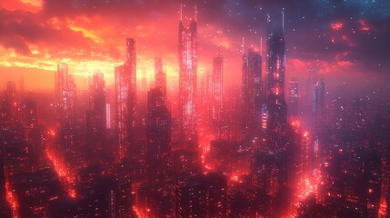 Fototapeta premium A Futuristic Metropolis bathed in a Crimson Glow with an ethereal sky filled with stars