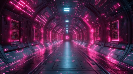 Fototapeta premium A futuristic tunnel illuminated by neon lights, featuring a glowing pink circle at the end of the pathway