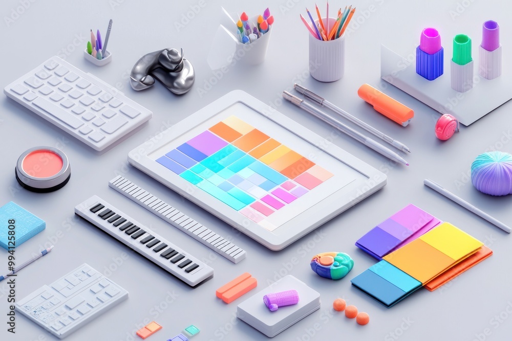 Aufkleber a colorful workspace featuring creative tools and a digital tablet for design and productivity.