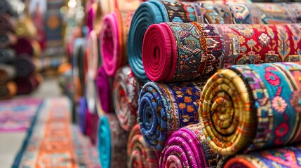 Fototapeta premium Vibrant rugs on show neatly coiled up in a home decoration shop
