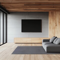 A modern living room featuring a cozy sofa, wooden accents, and a large TV against a stylish wall.