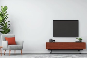 Modern living room interior featuring a stylish armchair, TV, and decorative plant against a minimalist wall.