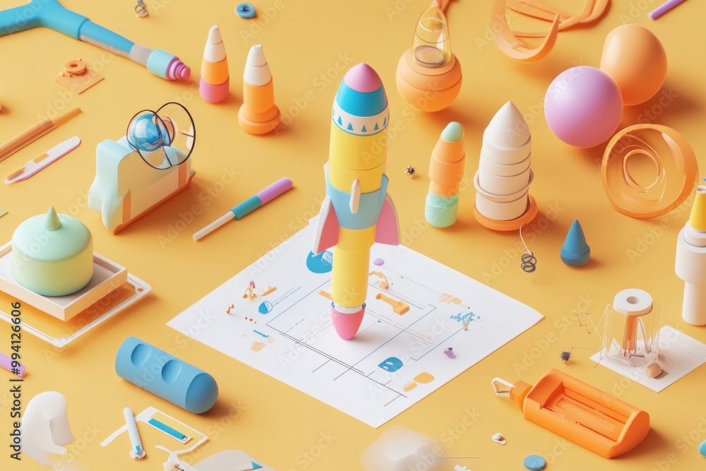 Poster a colorful arrangement of playful objects including a rocket and various geometric shapes.