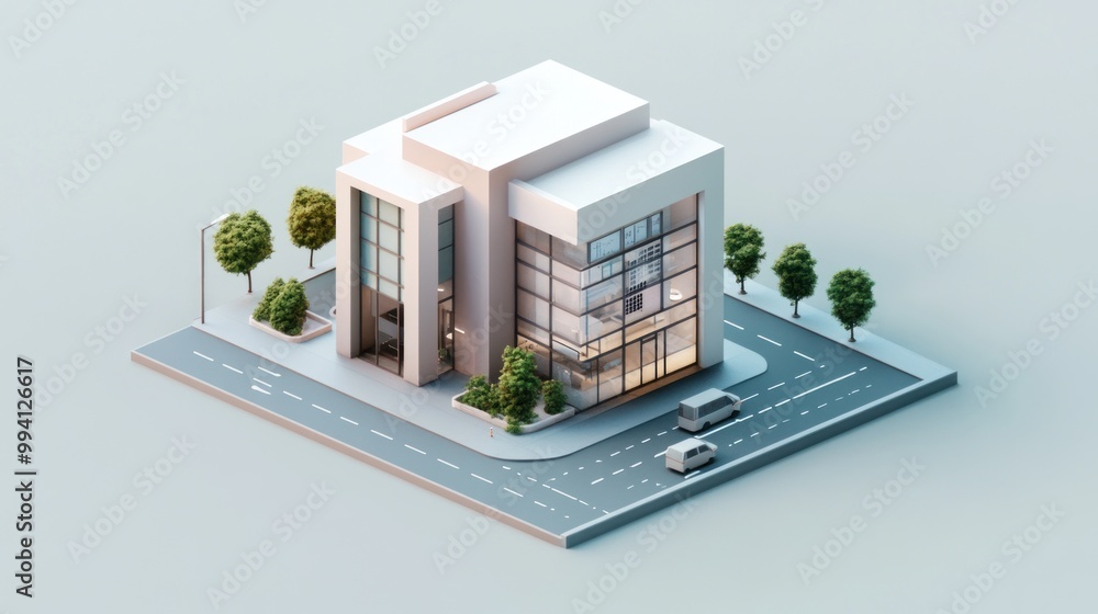 Poster a modern architectural building with large windows, surrounded by trees and a road.