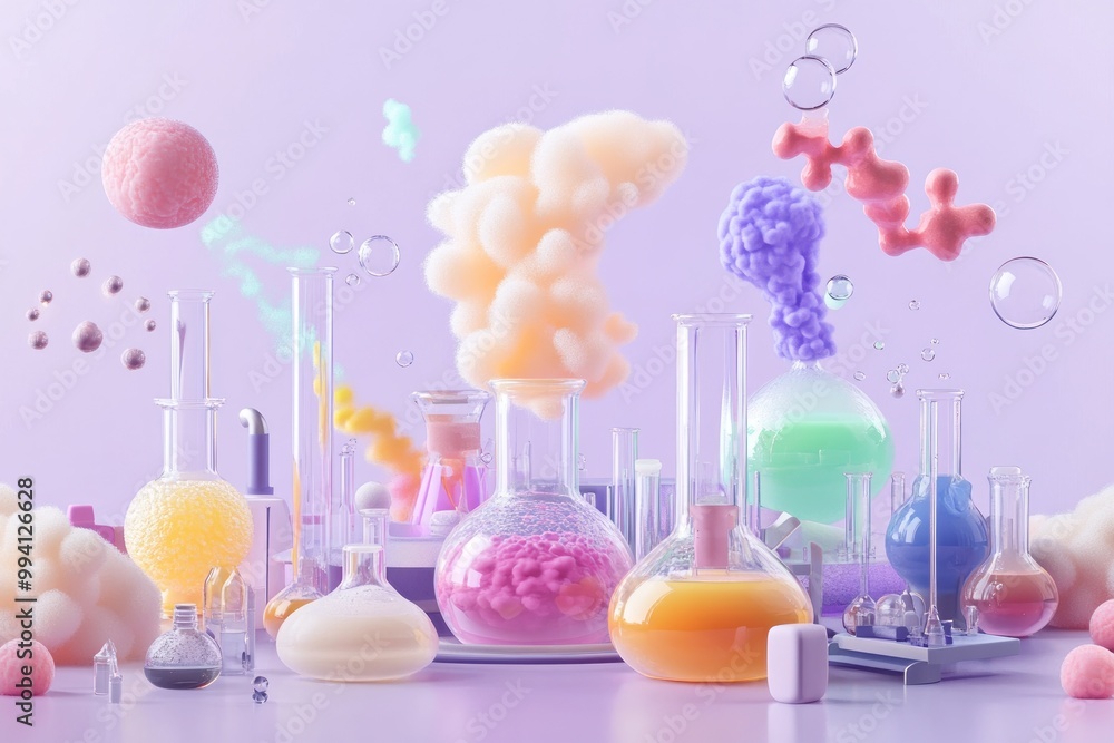 Poster colorful laboratory scene with various flasks and bubbles representing scientific exploration.
