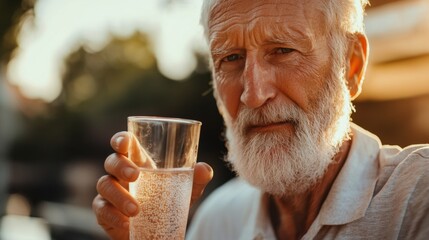health-conscious senior man upholds his good lifestyle by savoring a glass of water. With each sip, he nourishes his body, exemplifying the significance of hydration and well-being in his golden years