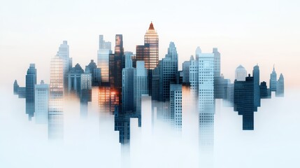 Fototapeta premium A cityscape composed of fragmented buildings, each frozen in a different moment of time, creating a sense of disjointed chronology.