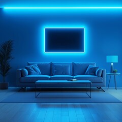 A modern living room featuring a cozy blue sofa, stylish glass table, and vibrant neon lighting for a contemporary atmosphere.