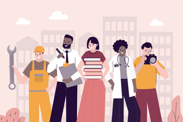 Set of smiling characters different professions. Portrait of professionals in various specialists on city background. Gender equality. Doctor, manager, repairman and others.