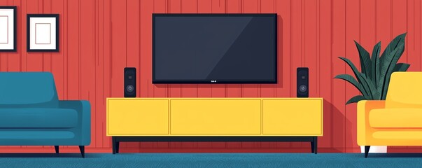 Modern living room with colorful sofas, television, and decorative elements, creating a vibrant and inviting atmosphere.